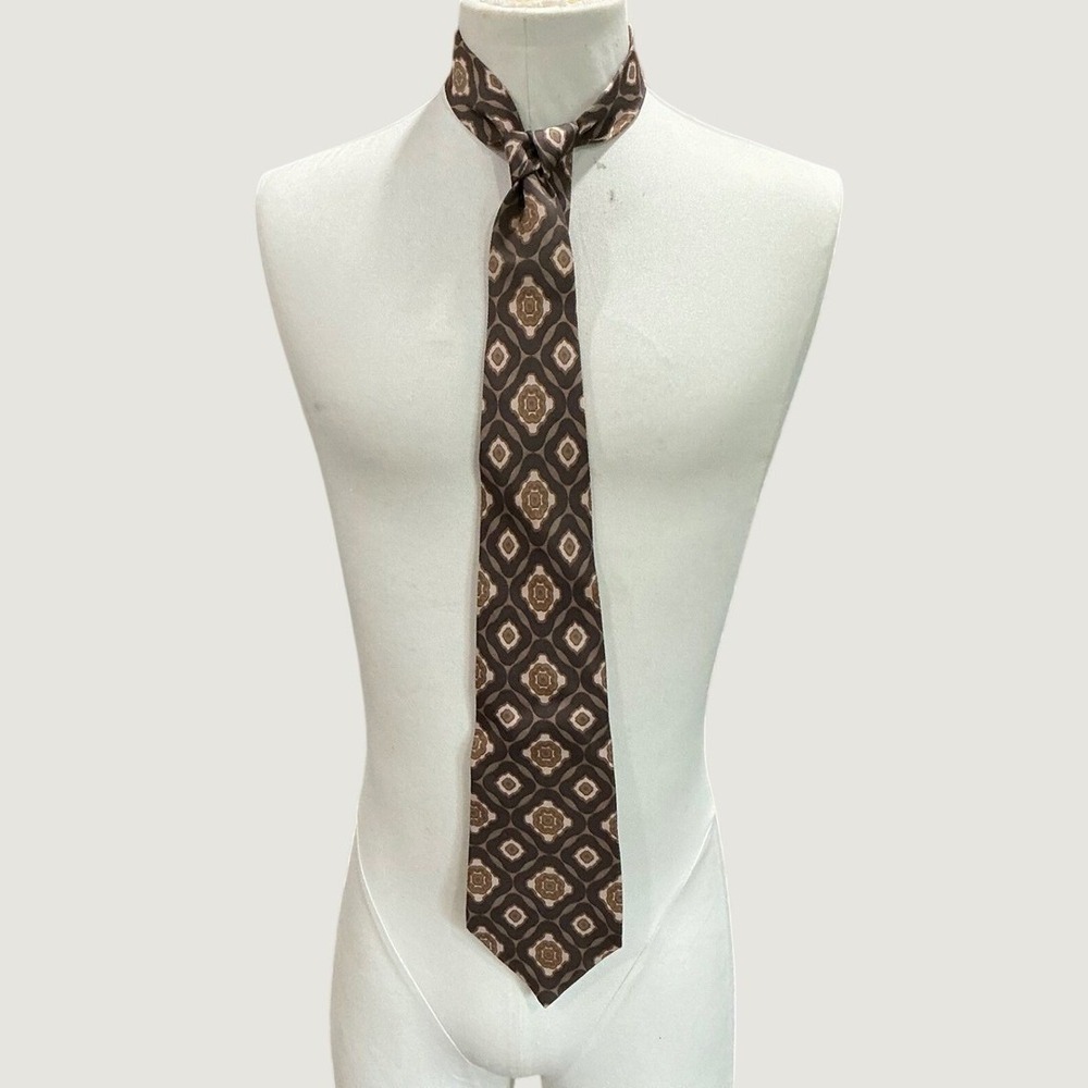 Pierre Cardin Vintage Mod Silk Tie Brown Tan Geometric Medallion Wide